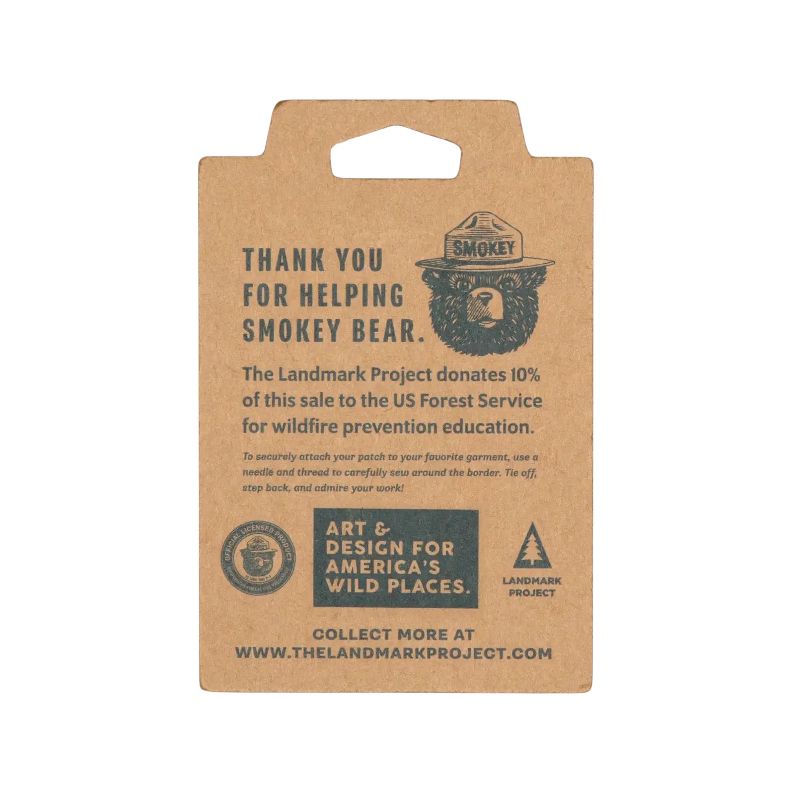 Forager Provisions LTD The Landmark Project Smokey Bear patch cardboard backing with wildfire prevention information.