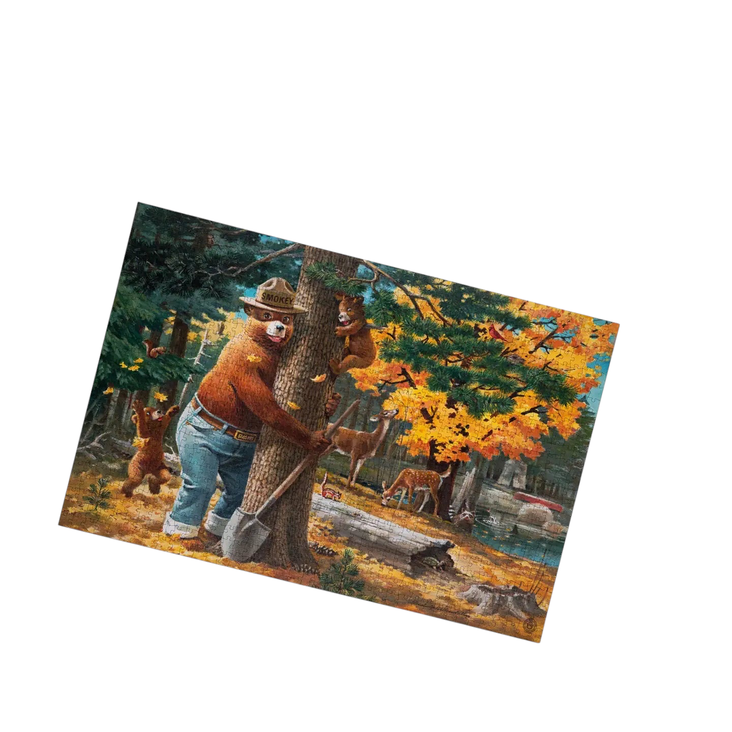 Forager Provisions LTD 1000 piece puzzle featuring a vintage Smokey Bear hugging a tree in a forest setting