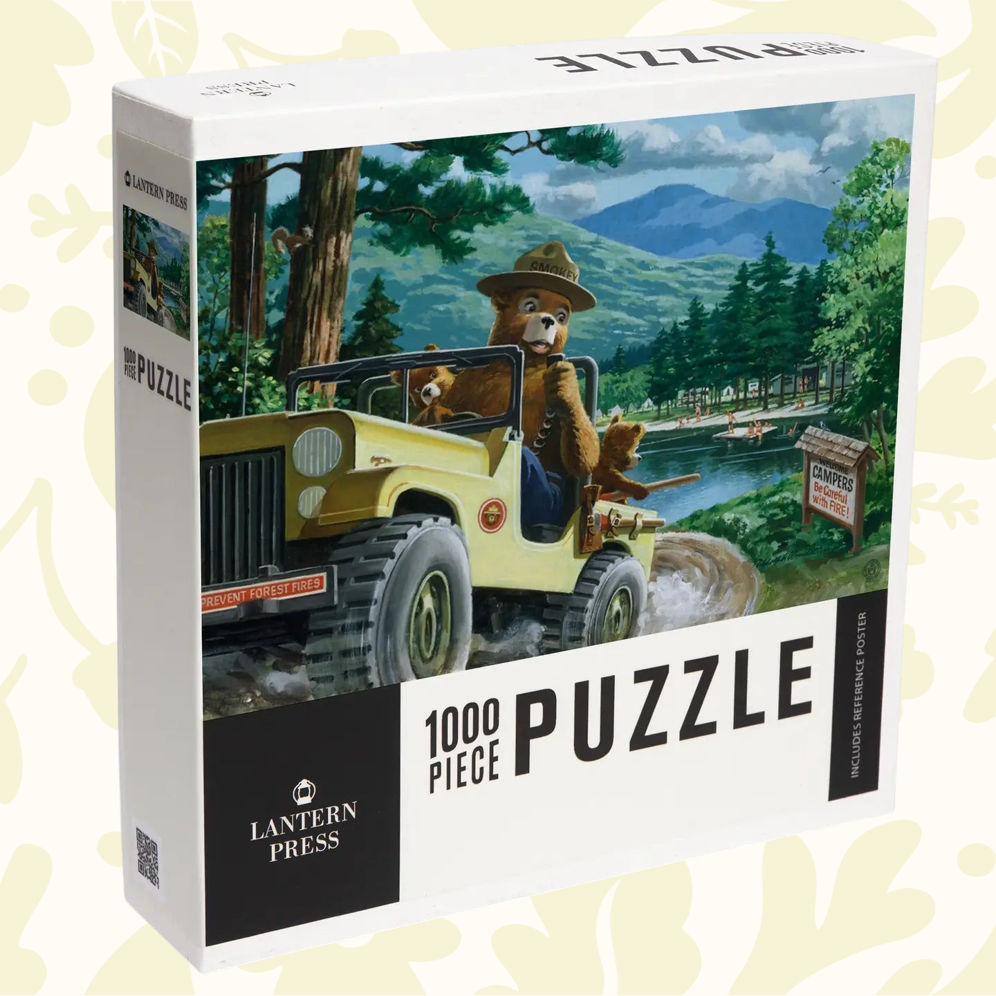 Forager Provisions LTD Lantern Press 1000 piece jigsaw puzzle featuring a vintage Smokey Bear driving a yellow SUV