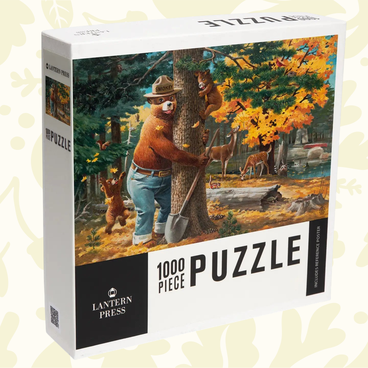 Forager Provisions LTD 1000 piece jigsaw puzzle featuring a vintage Smokey Bear hugging a tree in a forest scene.