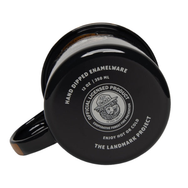 Forager Provisions LTD navy enamel mug base featuring Smokey Bear logo and hand dipped enamelware details