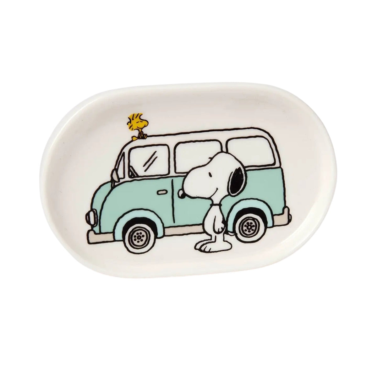Forager Provisions LTD Magpie Peanuts oval porcelain trinket dish featuring Snoopy and Woodstock with a camper van