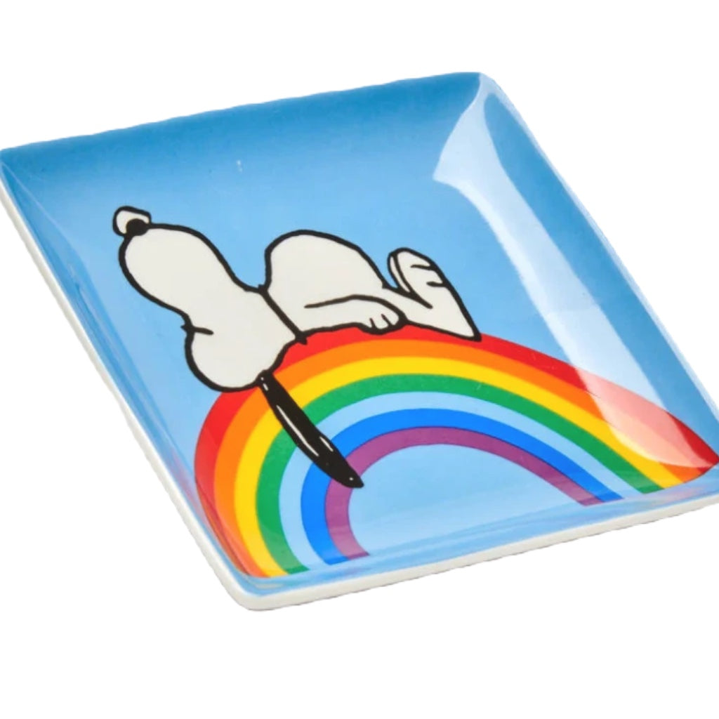 Forager Provisions LTD Peanuts Snoopy trinket tray featuring a colourful rainbow on a blue vegan fine china square dish