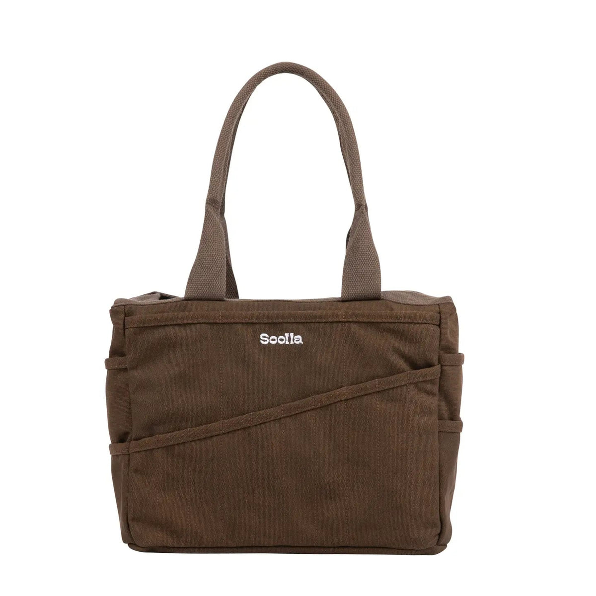 Soolla Studio Pottery Artist Bag in Coffee Bean brown, dual handles, front pocket, Soolla logo embroidery, stylish tote.