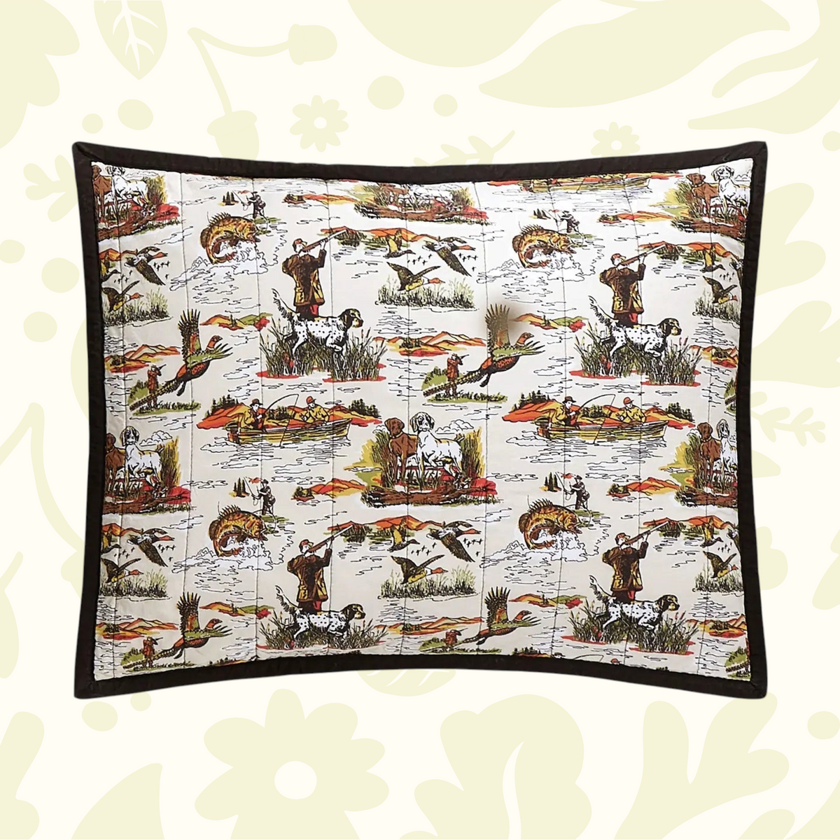 Forager Provisions LTD Camp Wandawega cotton pillow sham featuring a vintage sportsmen hunting and fishing print
