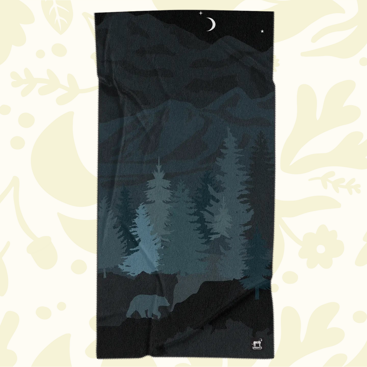 Forager Provisions LTD Sprints Nightfall Grizzly car seat towel featuring a dark forest, mountain, and bear print.
