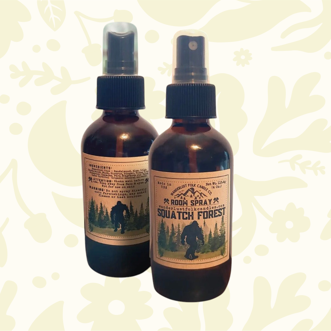Forager Provisions LTD Wanderlust Folk Squatch Forest room spray bottles with Bigfoot label and woodland scent