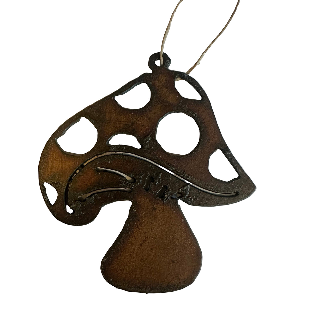 Forager Provisions LTD handcrafted steel mushroom hanging decoration with a rustic finish for indoor or outdoor decor.