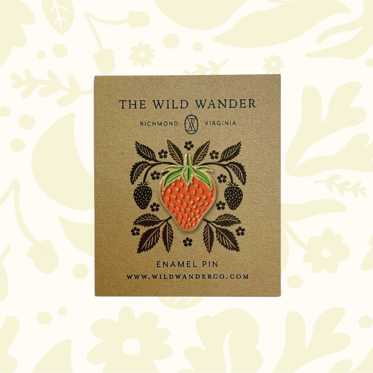 Forager Provisions LTD strawberry enamel pin with red and green details on an illustrated kraft backing card.