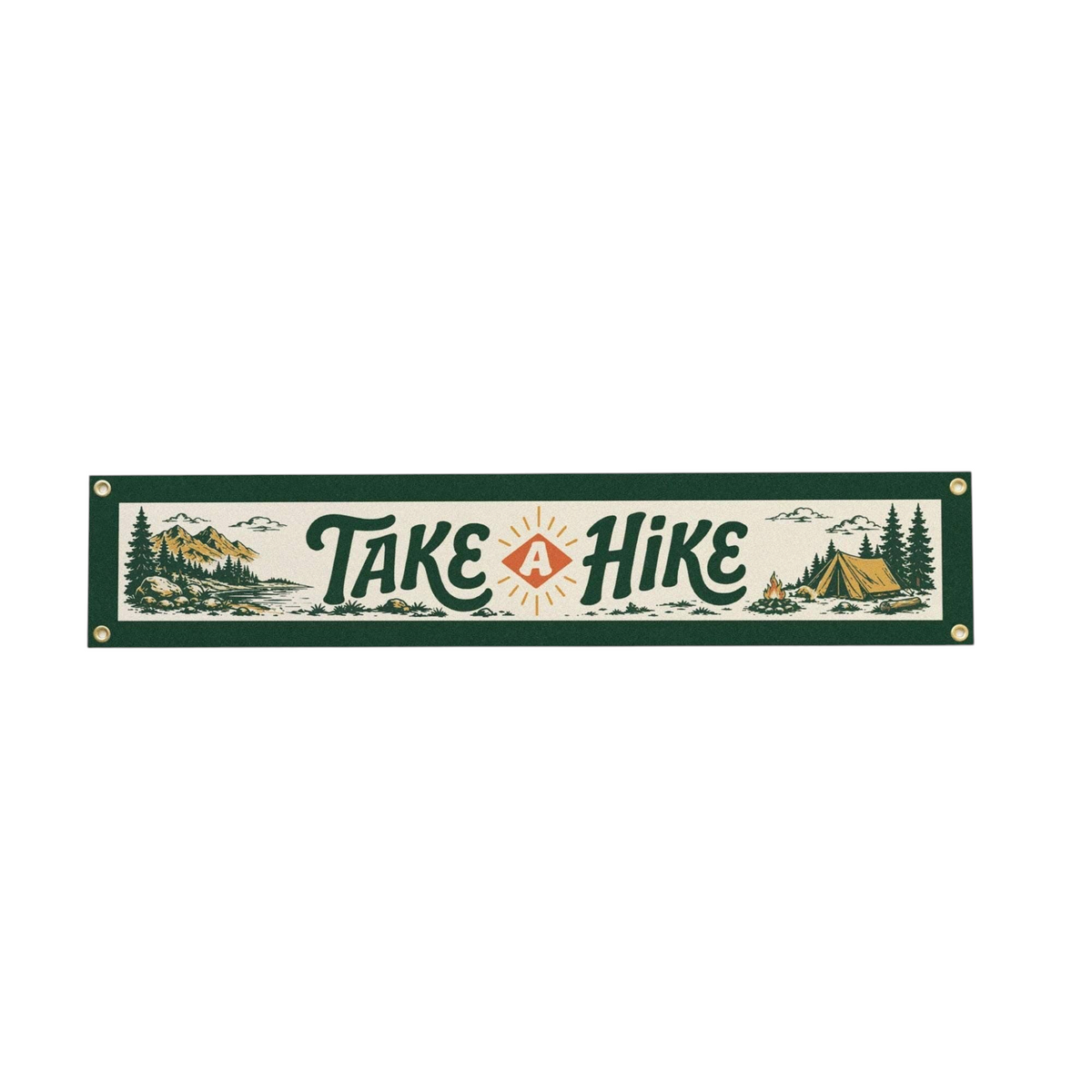 Forager Provisions LTD Benoit's Design Co. Take A Hike green felt banner with mountain and camping illustration.