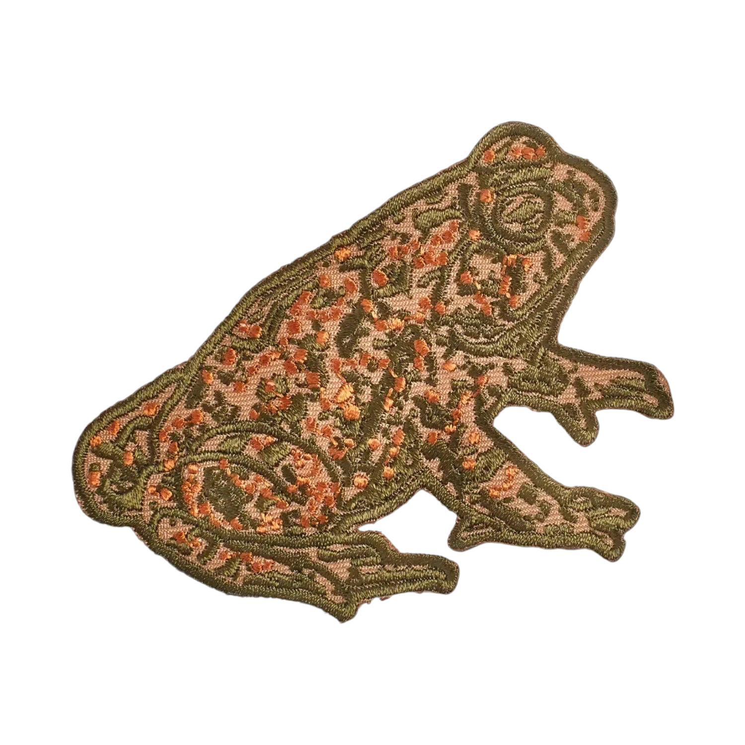 Forager Provisions LTD embroidered toad iron-on patch featuring intricate green and orange woodland creature details.