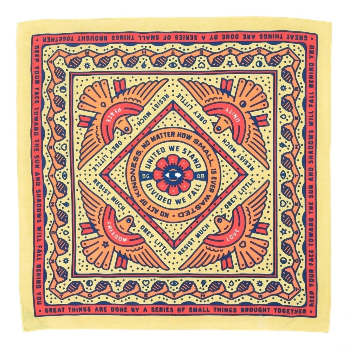 Forager Provisions LTD Bandits Bandanas Together in yellow cotton with red and blue unity-themed graphic print.