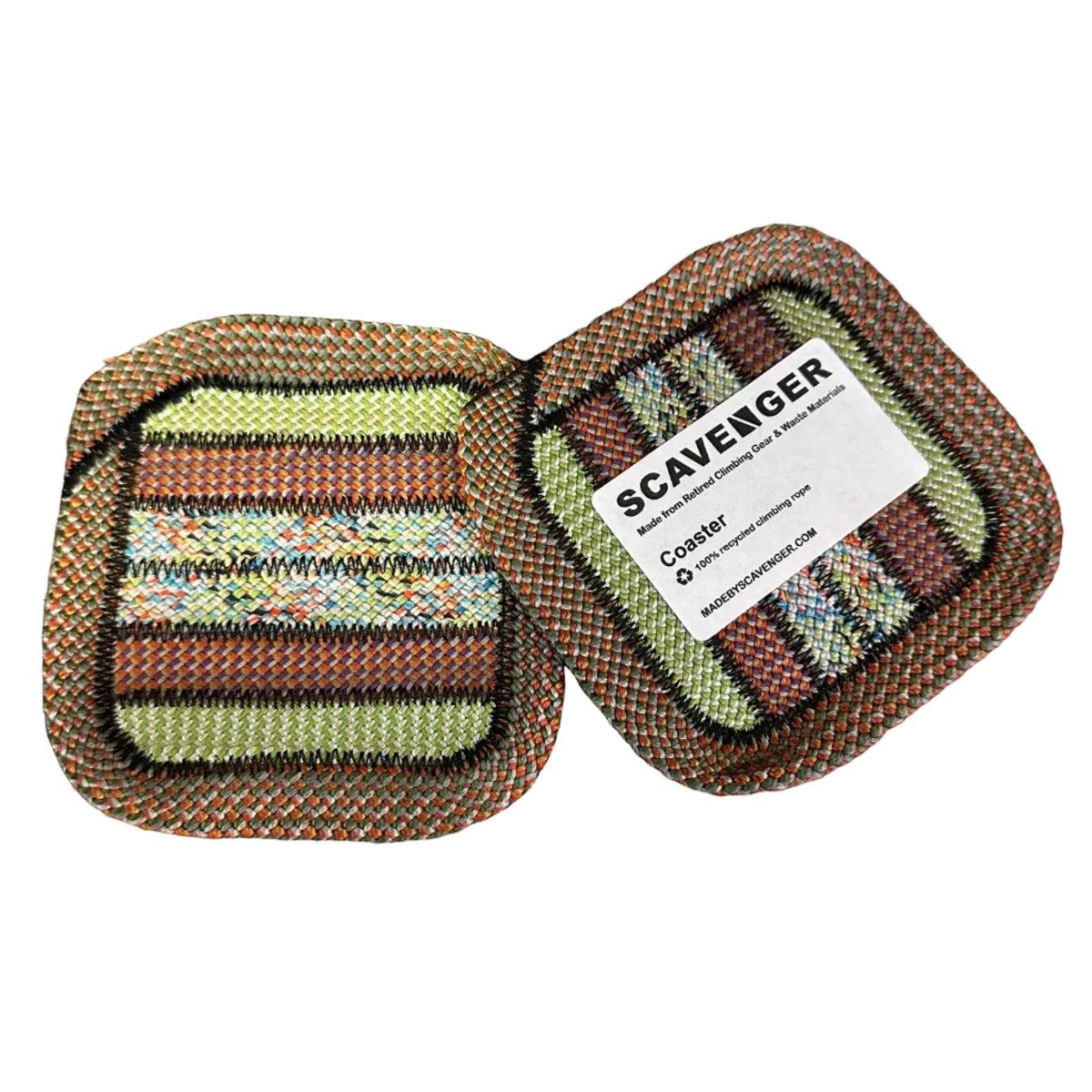 Forager Provisions LTD Scavenger upcycled climbing rope coasters in Earth tones, set of two square drink mats.
