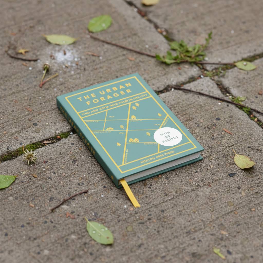 Forager Provisions LTD The Urban Forager hardback book with a green cover on a paved ground with scattered leaves.