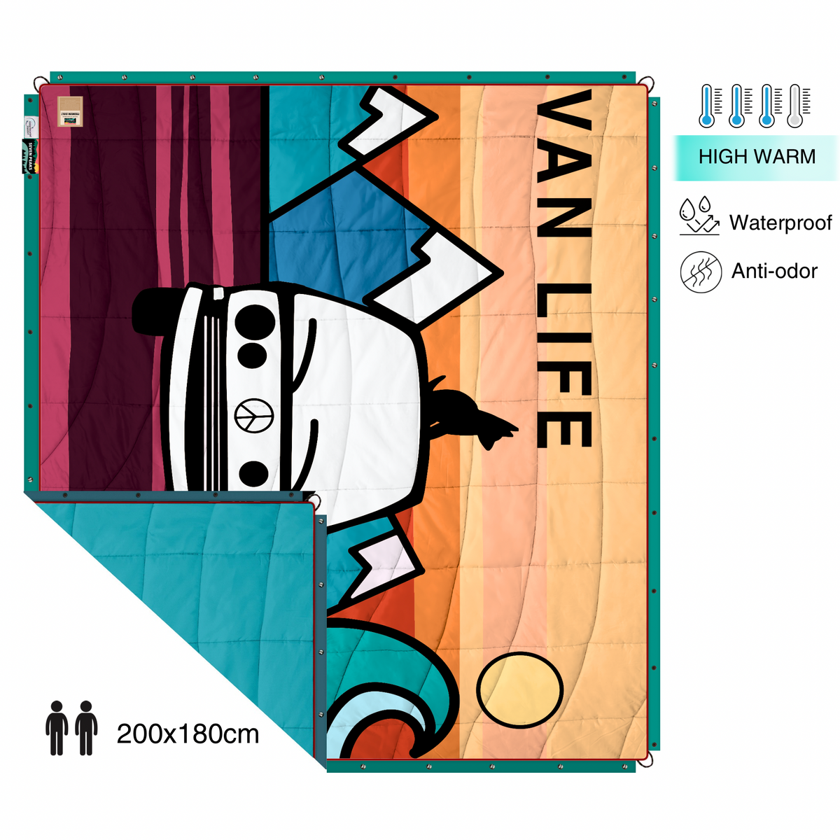 Forager Provisions LTD Seven Peaks van life comforter with adventure-themed mountain and campervan graphic print