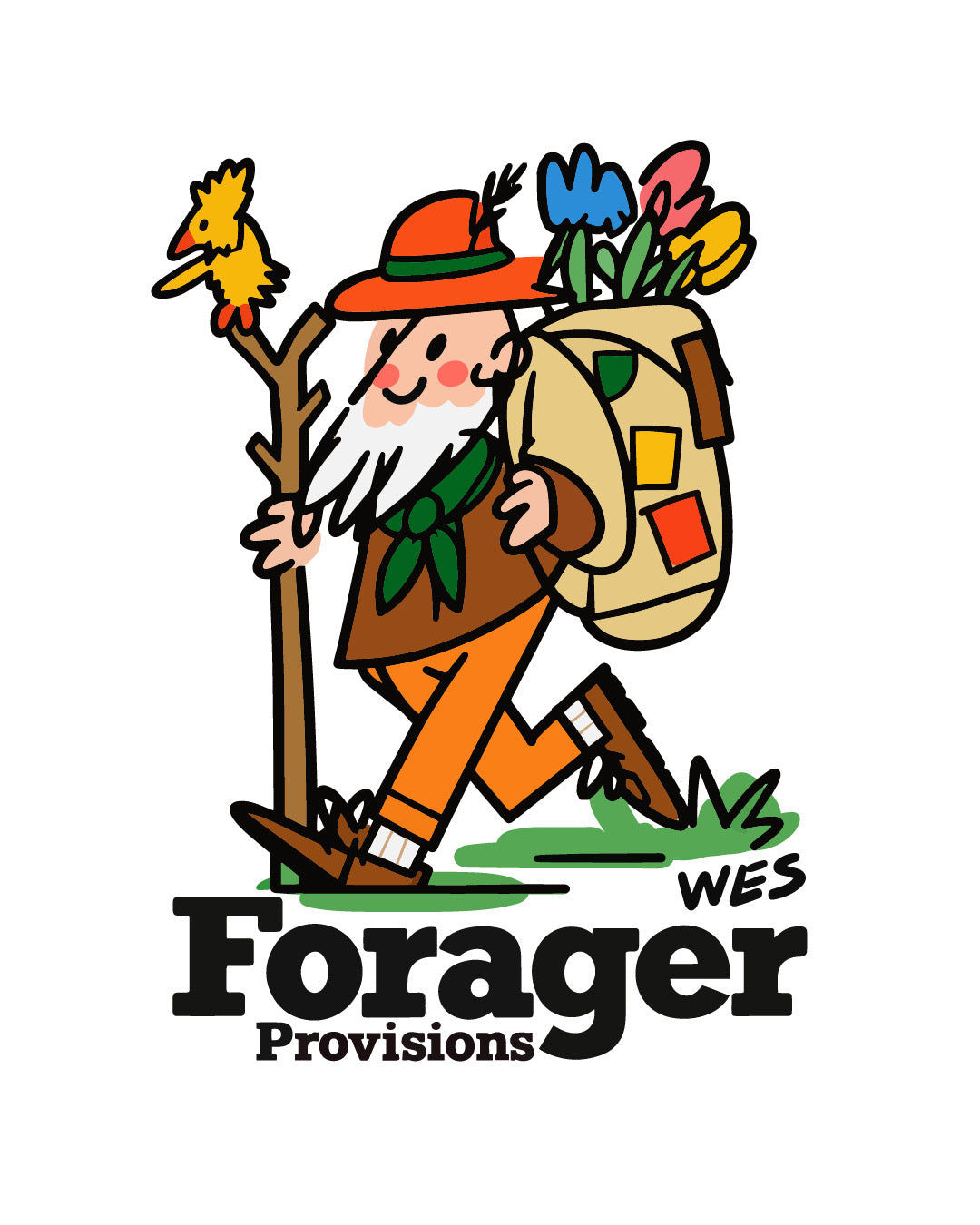 Forager Provisions LTD graphic t-shirt design featuring Wes Robinson's illustration of a colorful foraging hiker