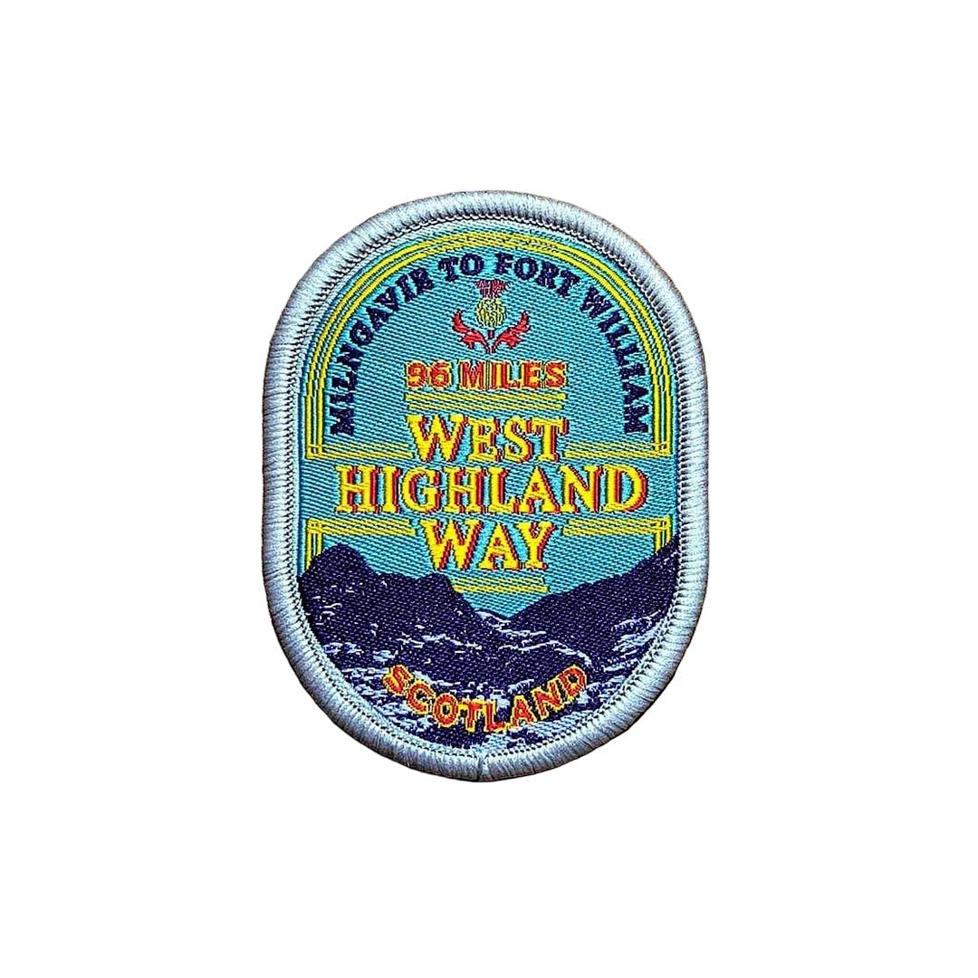 Forager Provisions LTD West Highland Way embroidered patch featuring Scottish mountain scenery and trail details.