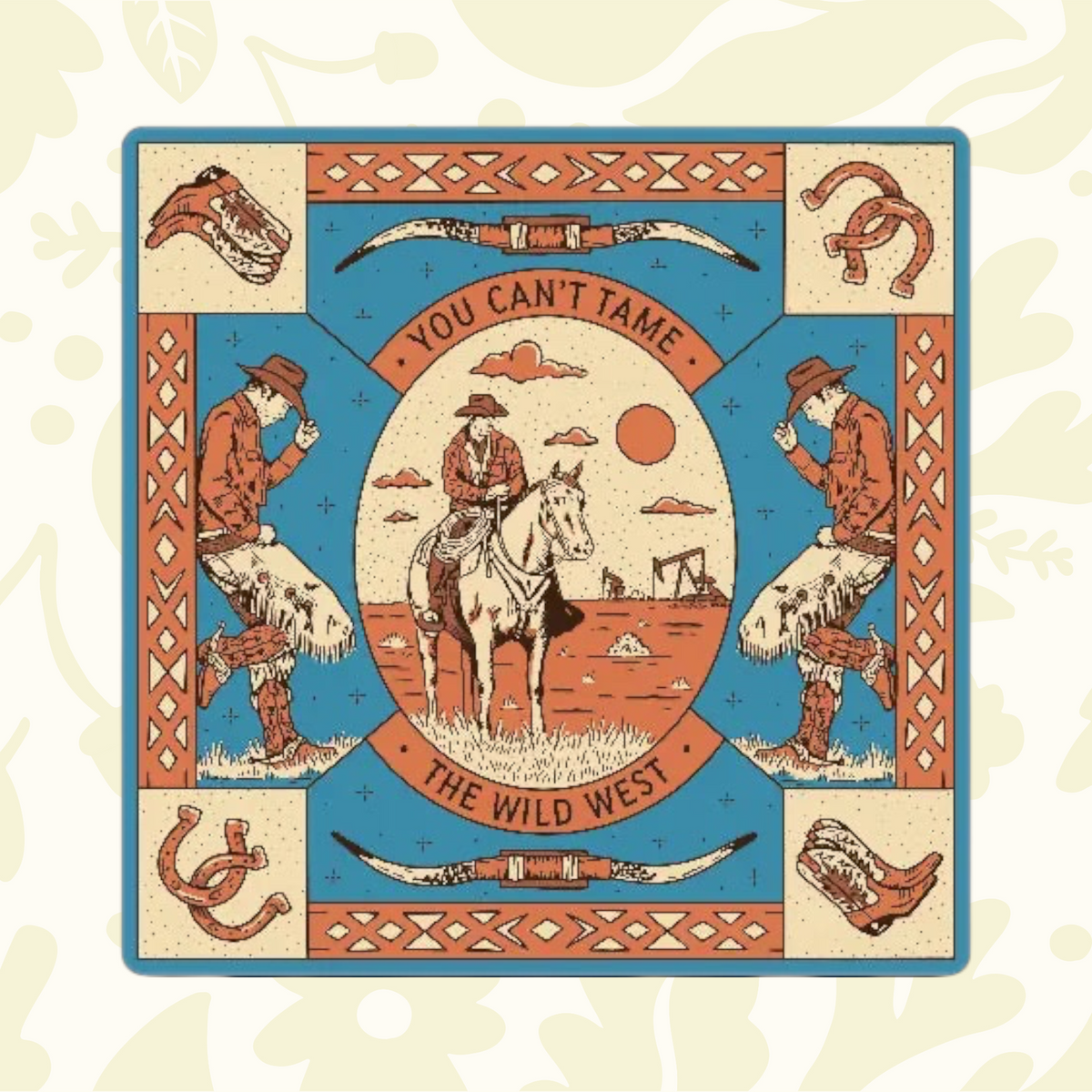 Forager Provisions LTD Wild West bandana in organic cotton featuring a cowboy on horseback and western motifs.