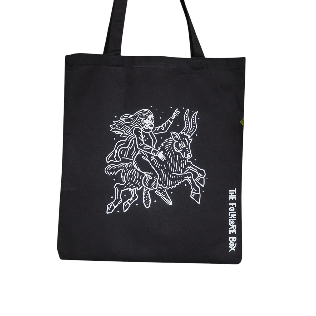Forager Provisions LTD black cotton tote bag featuring a white Matt Willis witch riding a goat folklore illustration.