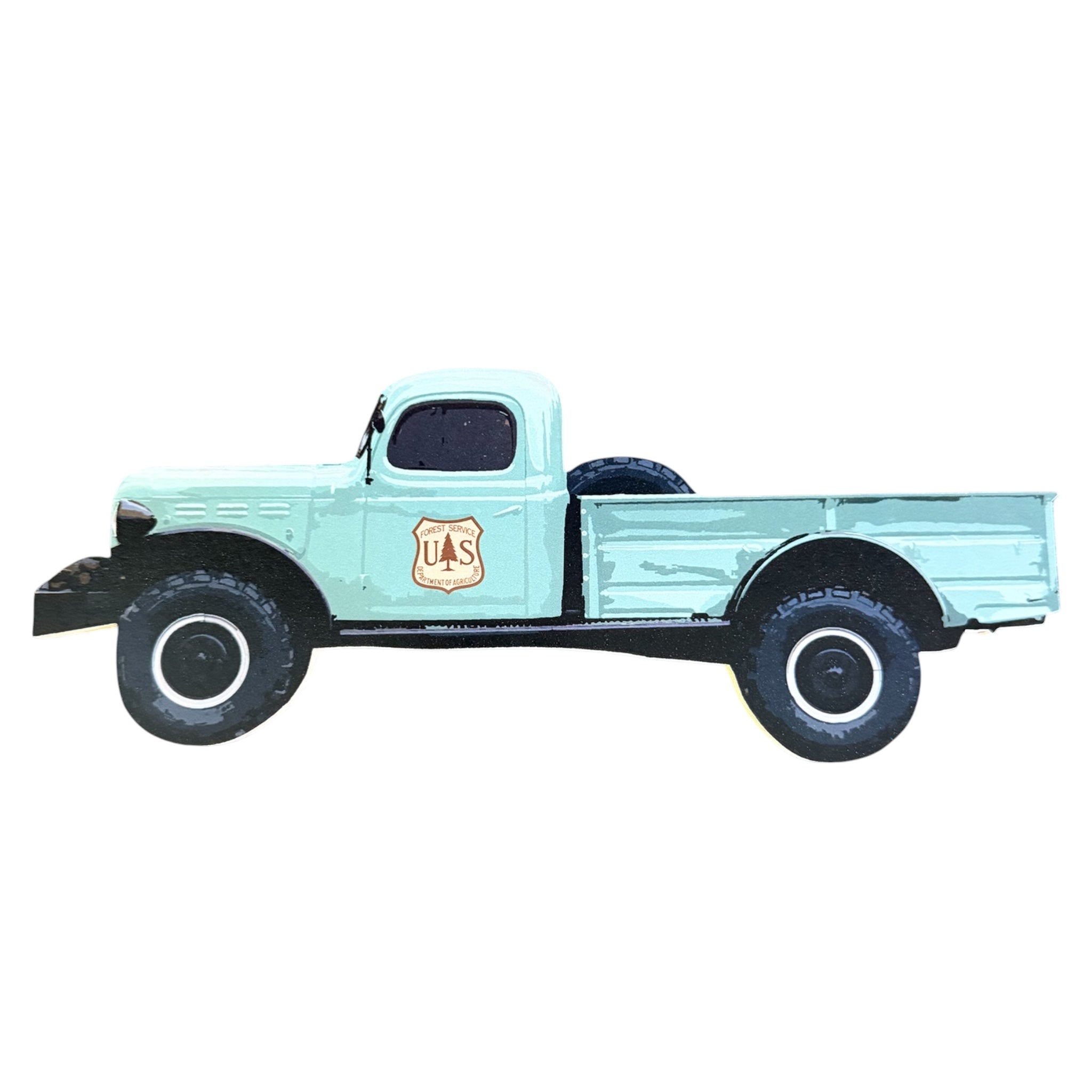 Forager Provisions LTD wooden USDA Forest Service truck sign in light green with vintage utility design