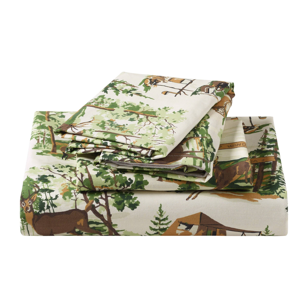 Forager Provisions LTD Peking Handicraft x Camp Wandawega cotton percale sheet set with woodland deer and tent print.