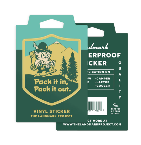 Forager Provisions LTD Woodsy Owl vinyl sticker featuring Pack It In Pack It Out text on a mountain landscape design.