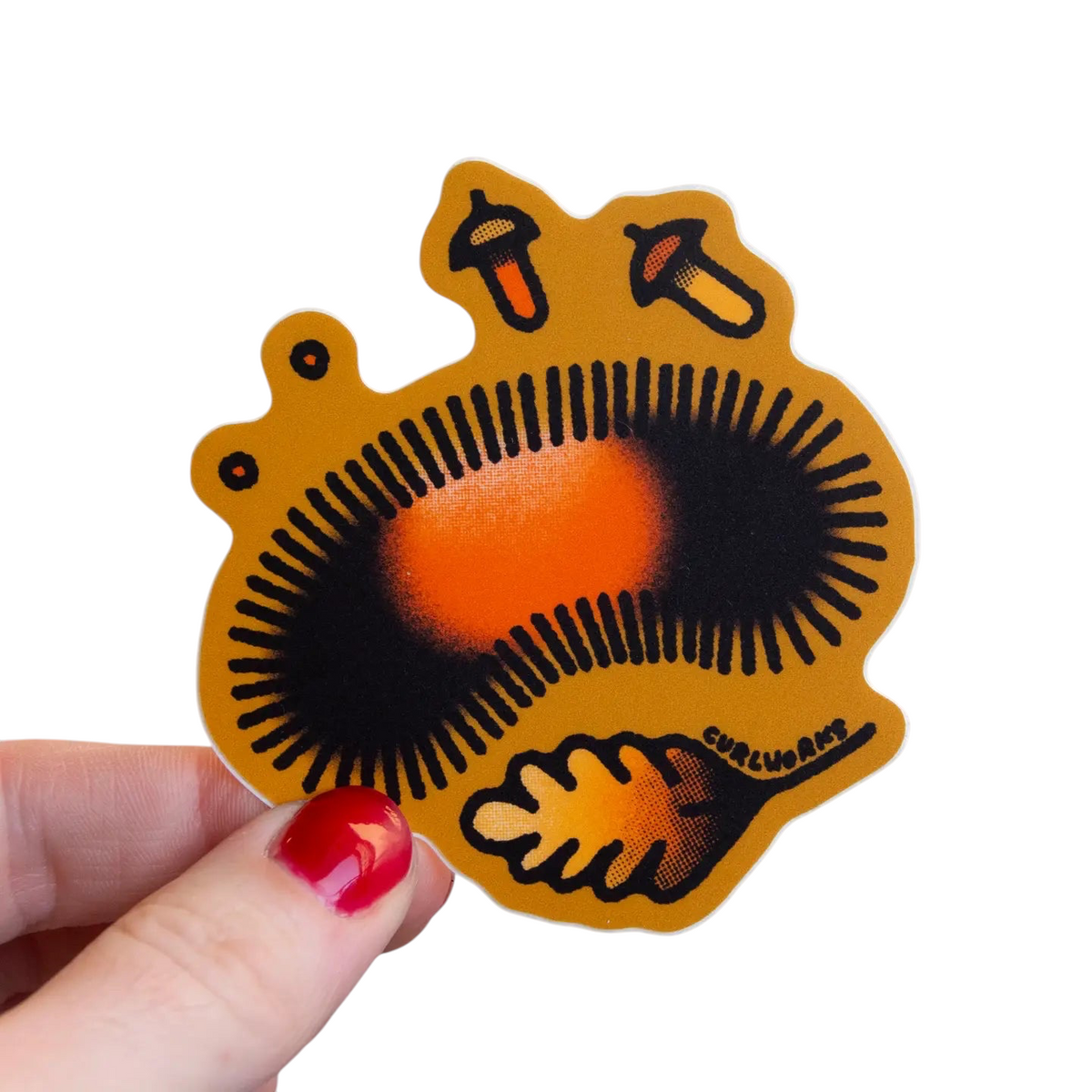 Forager Provisions LTD Curlworks Wooly Bear vinyl sticker featuring a rust, black, and gold caterpillar design.