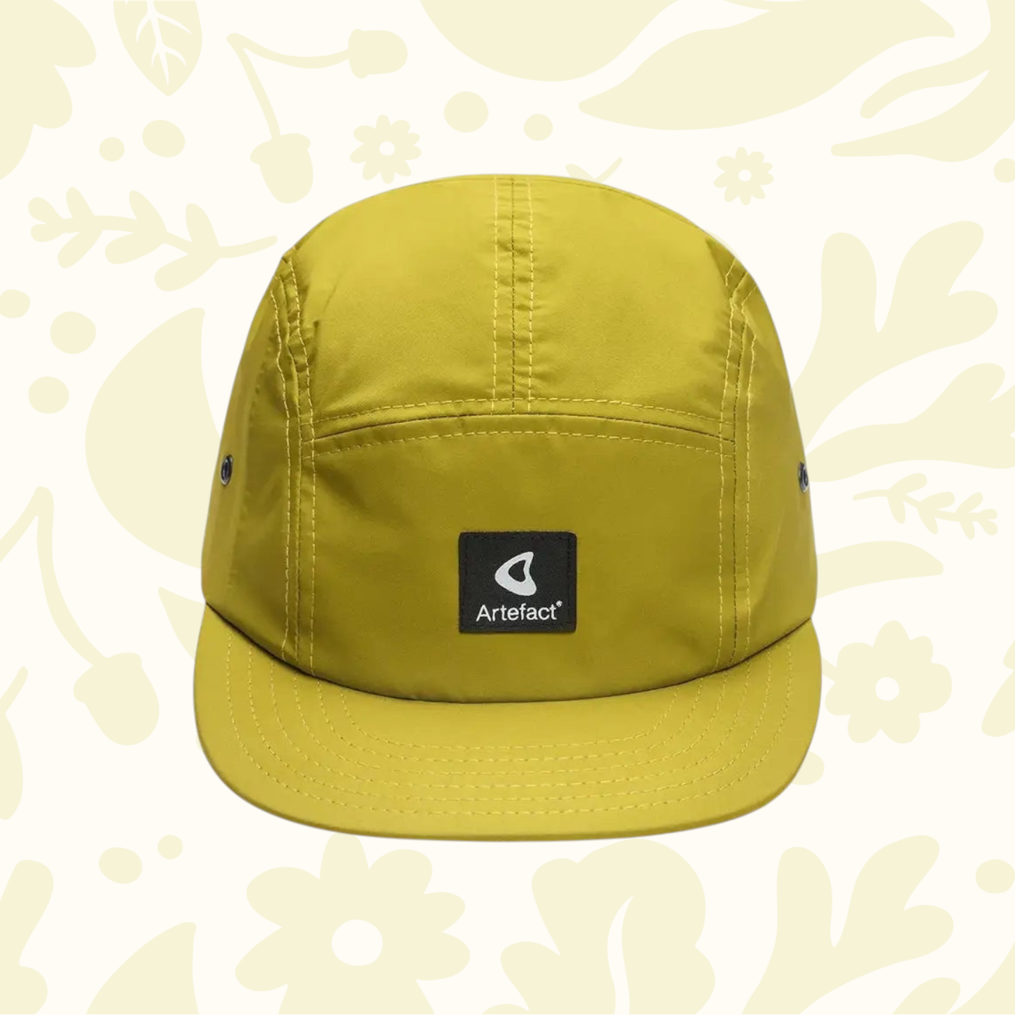 Forager Provisions LTD Artefact Eco yellow 5-panel cap made from upcycled technical fabric with an adjustable strap.
