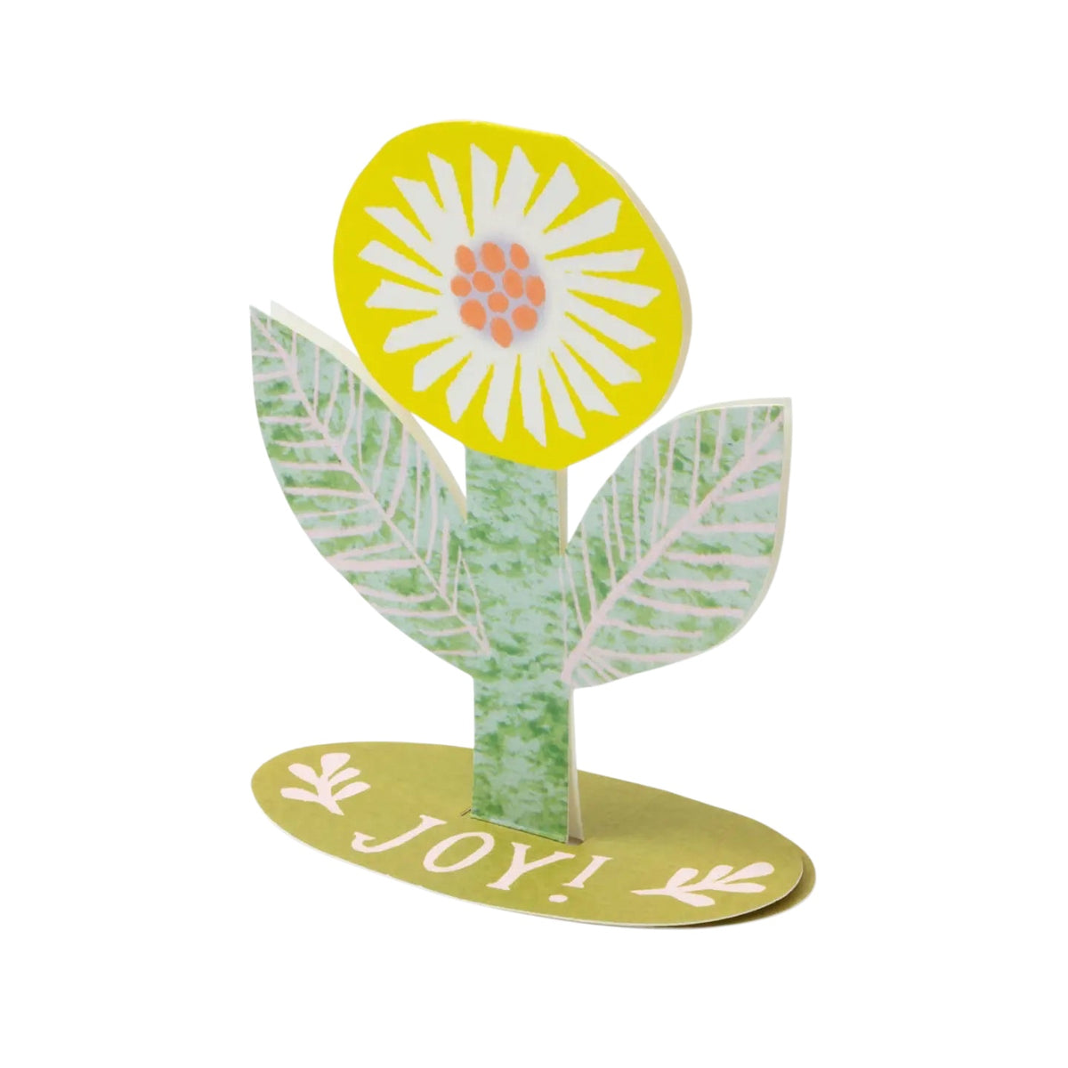 Forager Provisions LTD stand-up yellow flower greeting card with Joy! text on a green base, collage art style.