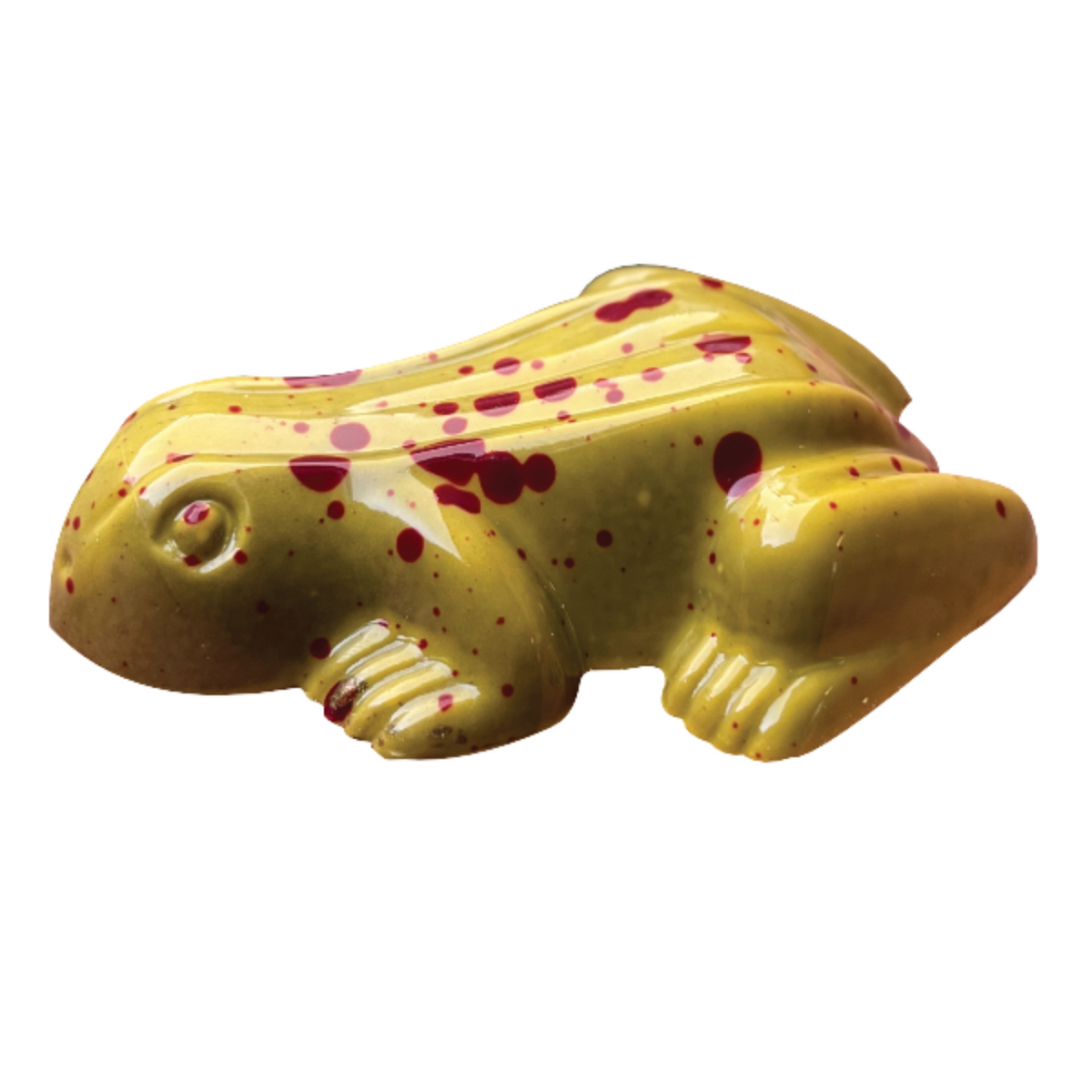 Forager Provisions LTD Cocoa Counter hand-painted milk chocolate frog in yellow with red speckled details.