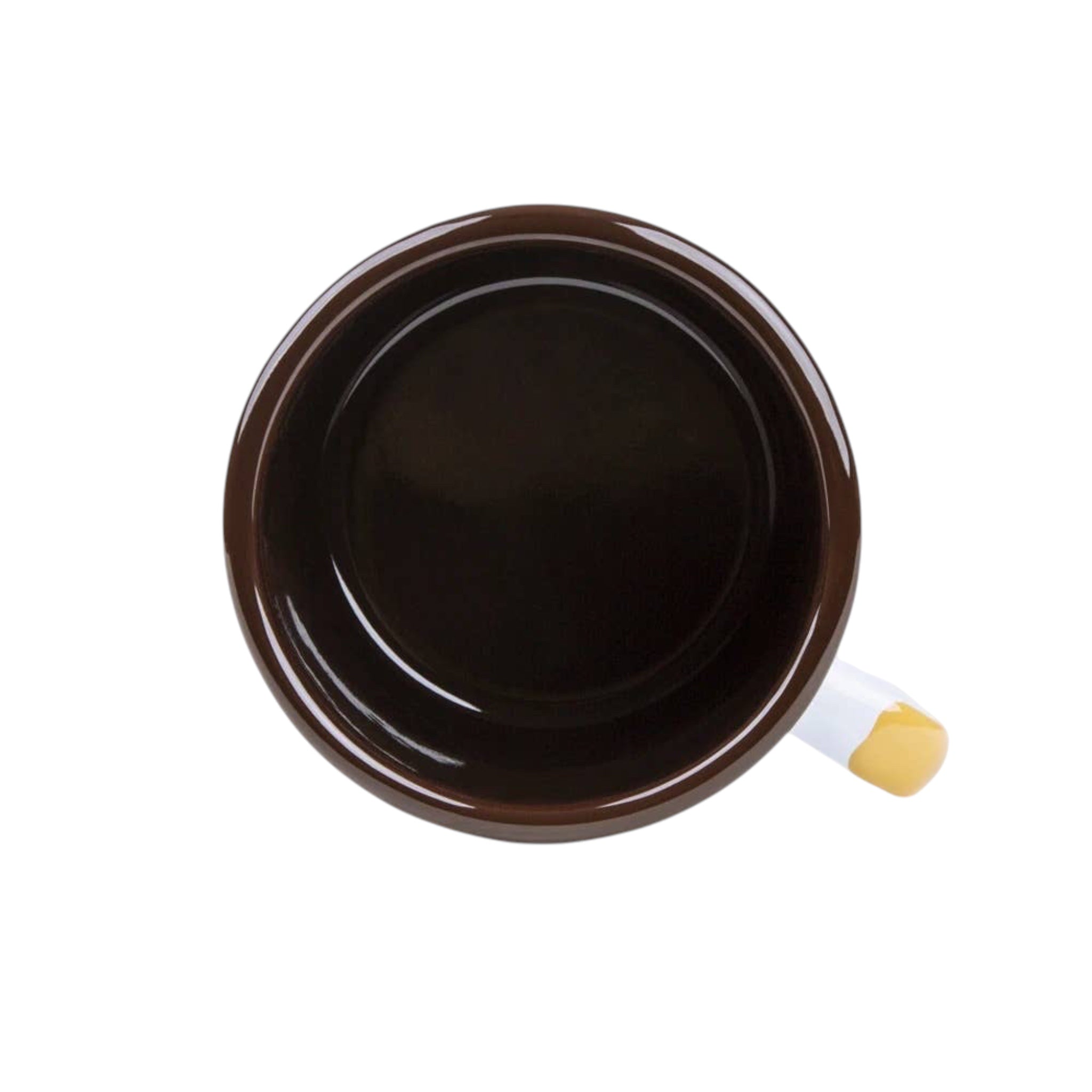 Top-down view of a Forager Provisions LTD Emalco Enamelware 22 oz Yellowstone camping mug with a brown interior.
