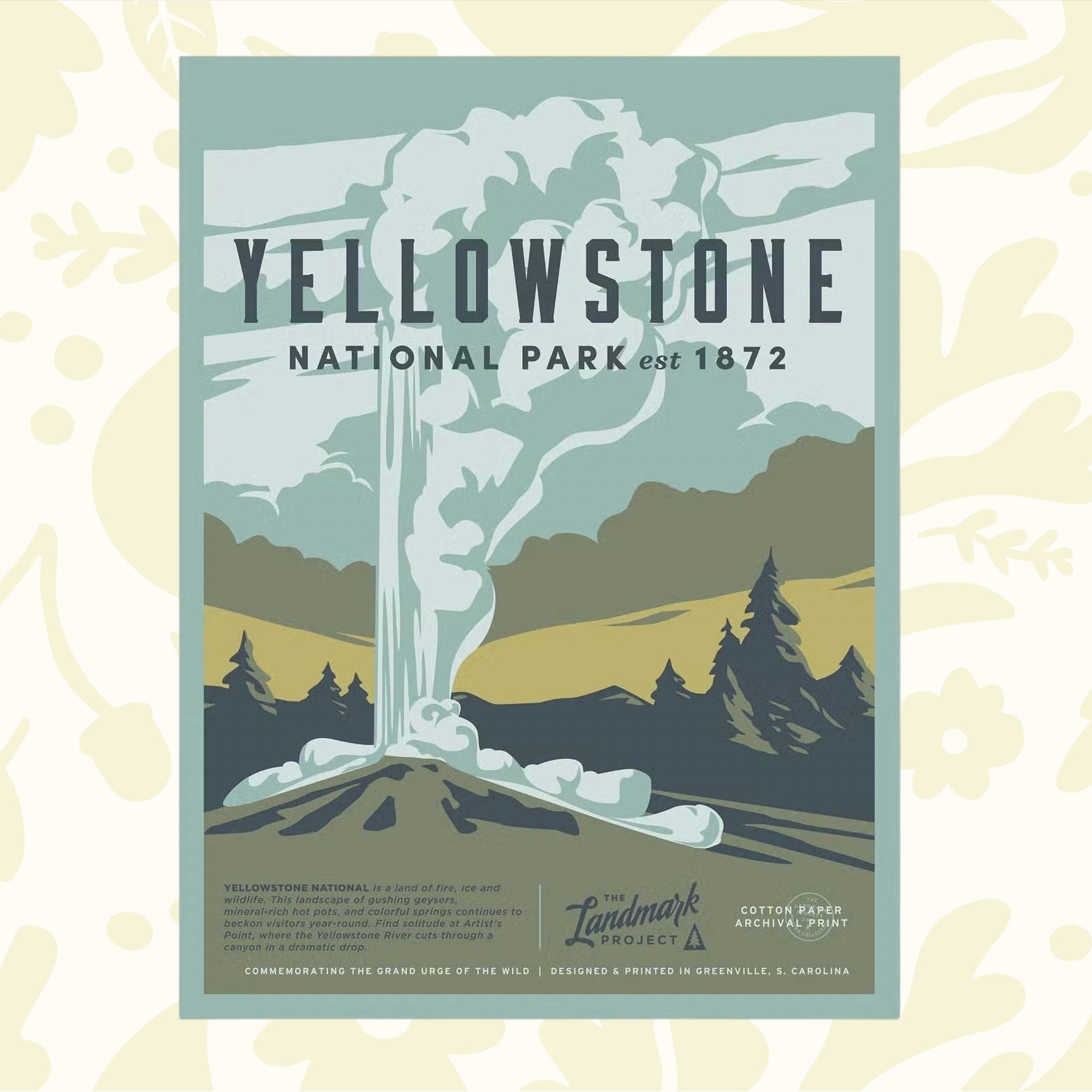 Forager Provisions LTD Yellowstone National Park poster featuring a vintage-style illustration of a steaming geyser.