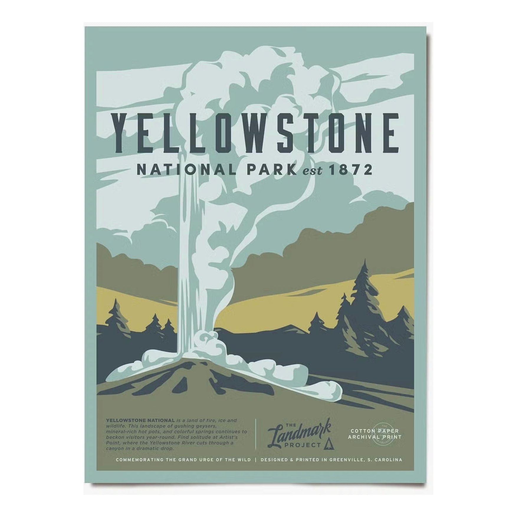 Forager Provisions LTD Yellowstone National Park poster featuring a vintage-style illustration of a steaming geyser.
