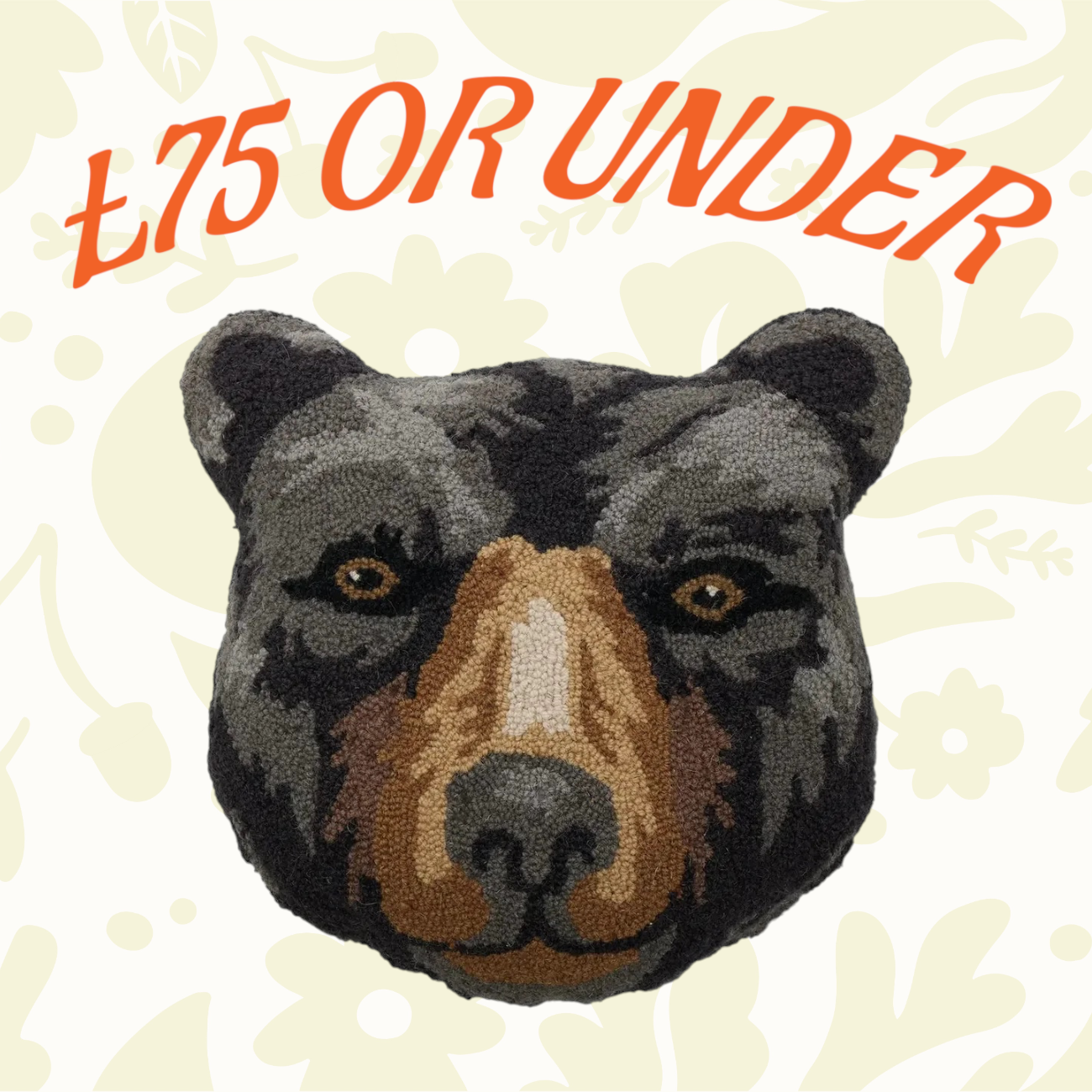 Bear-shaped rug with “£75 OR UNDER” text above, on a floral background; cute bedroom decor idea, affordable home accessory.