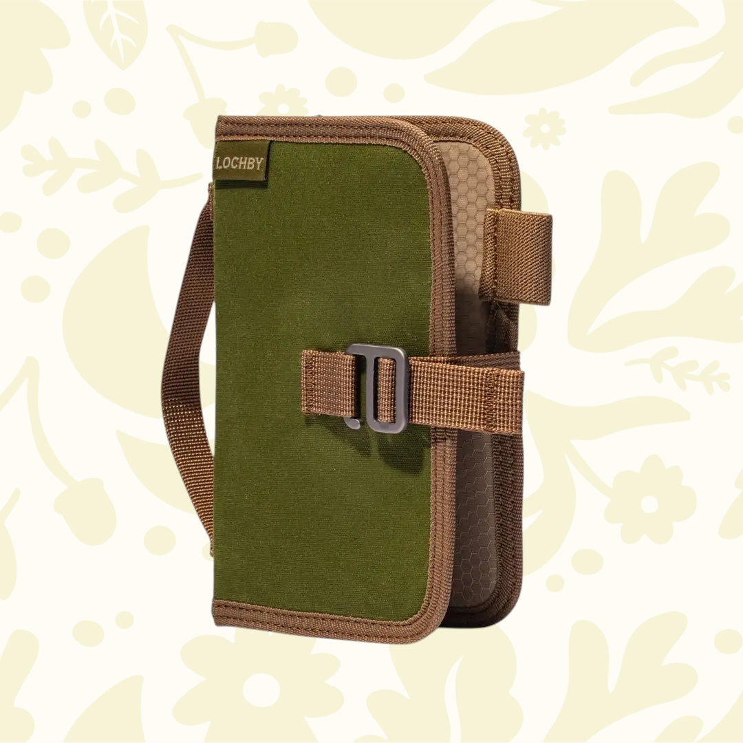 Lochby Mini Field Journal - Olive in a green-brown pouch with side handle, ideal for travel or outdoor floral journaling.