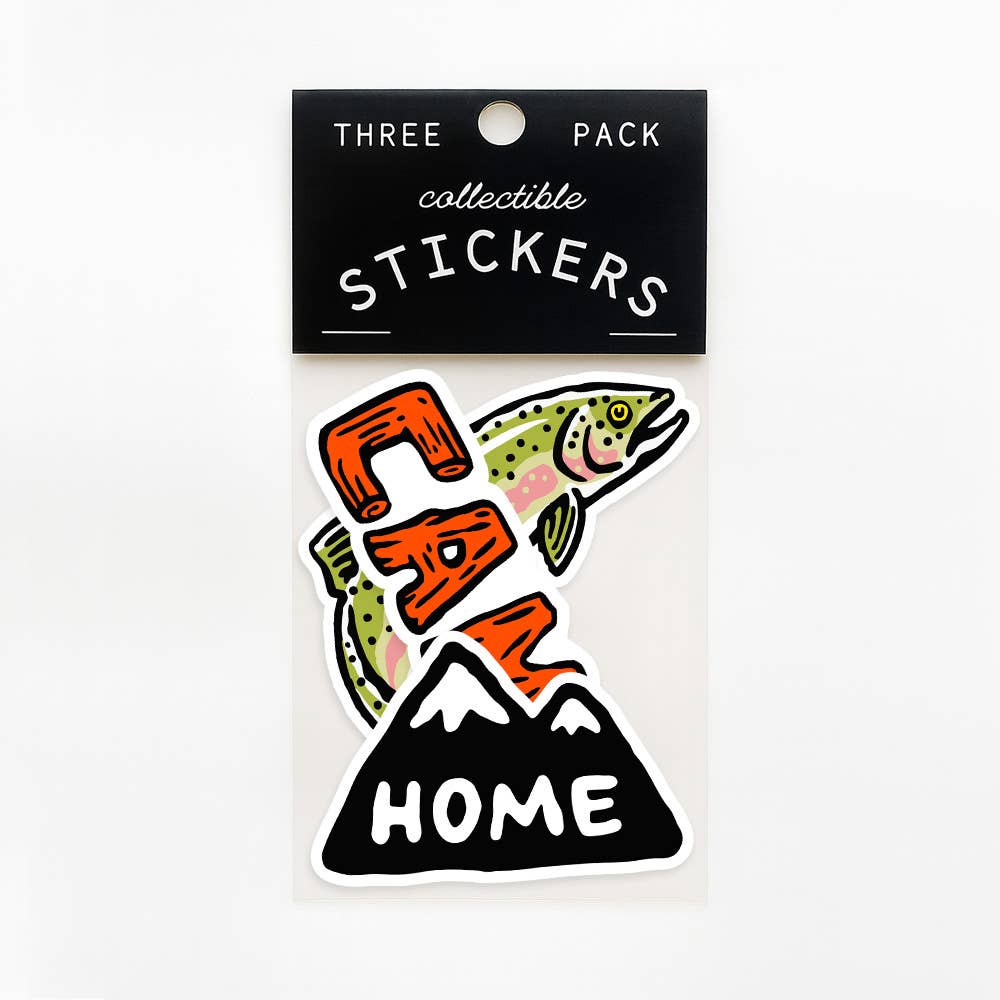 Forager Provisions LTD Camp 02 vinyl sticker pack featuring a rainbow trout, CAMP lettering, and a mountain design.