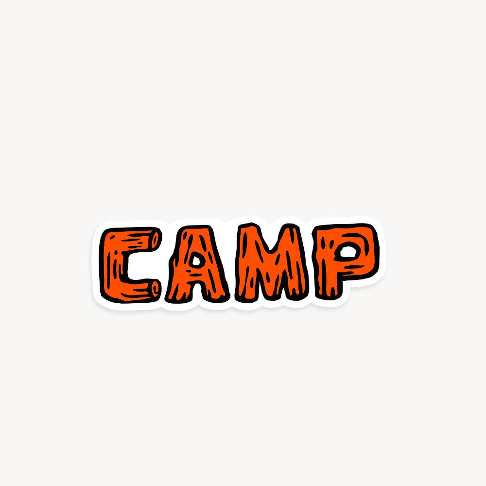Forager Provisions LTD glossy vinyl sticker featuring the word CAMP in orange wood-grain texture on a white background