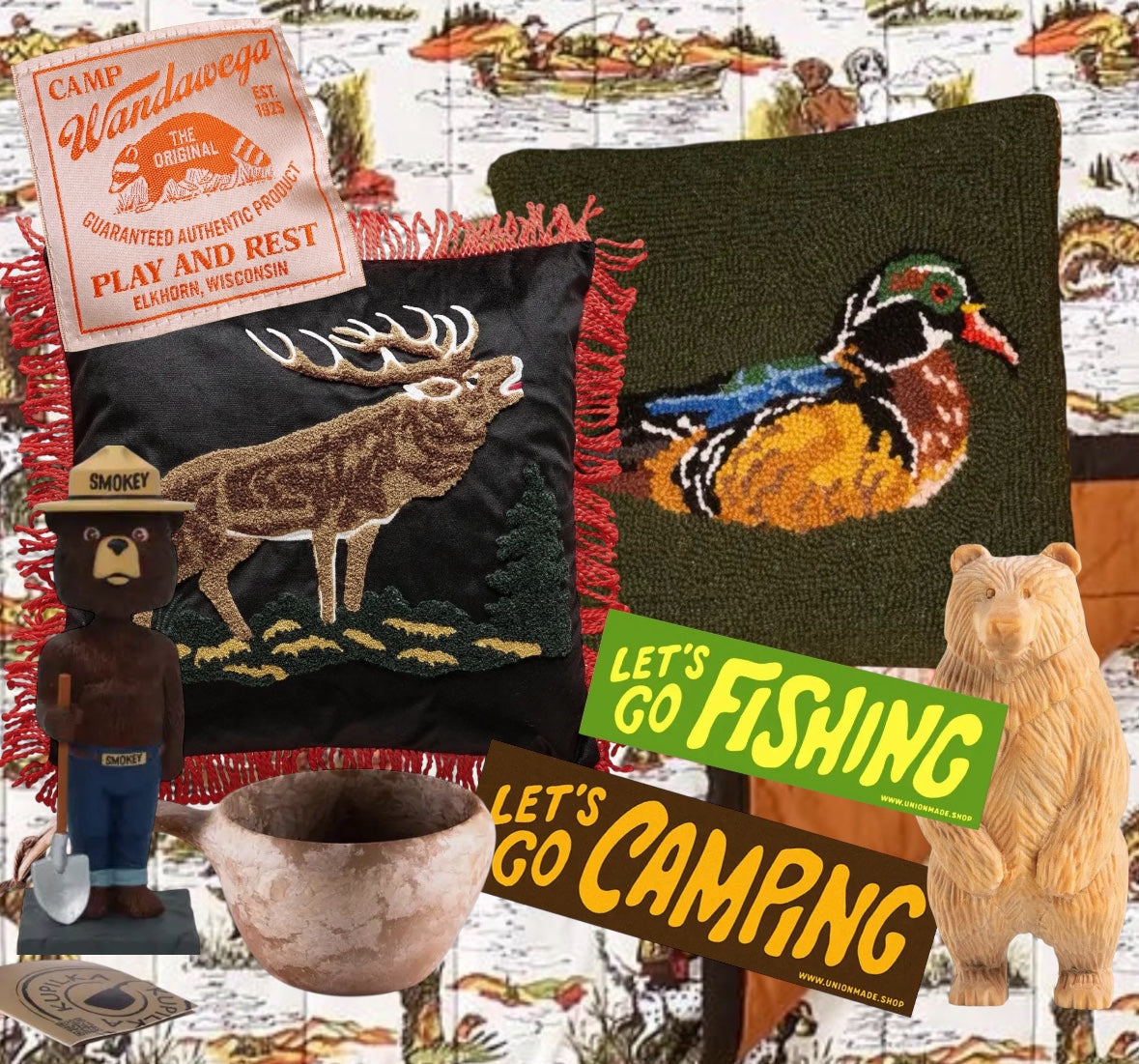 Wildlife-themed collage with outdoor pillows, Smokey Bear figure, carved bear, wood bowl, fishing and camping stickers, Camp Wandawega patch.