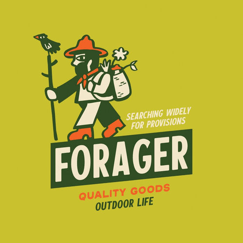 Outdoor forager illustration: person in gear with sack, walking stick, bird perched. Text: Forager—searching for provisions, quality goods, outdoor life. Adventure and survival SEO keywords featured.