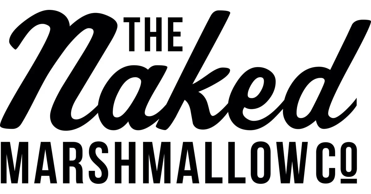 Black text displays "The Naked Marshmallow Co." on a white background, using bold, cursive, and uppercase sans-serif fonts for emphasis.