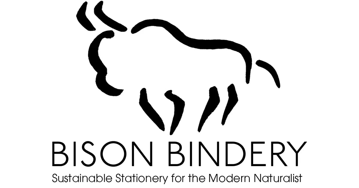 Minimalist black bison line art logo above “Bison Bindery” and “Sustainable Stationery for the Modern Naturalist” on white background. Eco-friendly, modern nature-inspired branding for sustainable stationery.