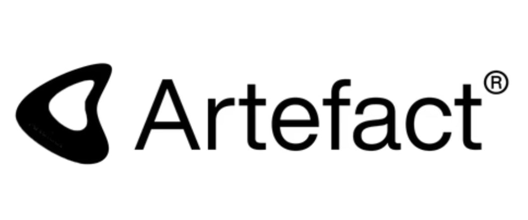 Artefact logo with bold black text, a unique black triangular icon with rounded corner, and registered trademark symbol—tech branding.