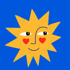 Cartoon yellow sun with pointed rays, smiling face, closed eyes, and rosy cheeks on a bright blue background. Fun kids artwork.
