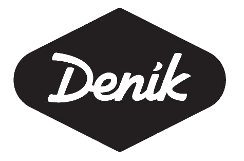 Denik logo: black, rounded diamond shape featuring "Denik" in bold, white cursive script. Modern branding design, high-contrast style.