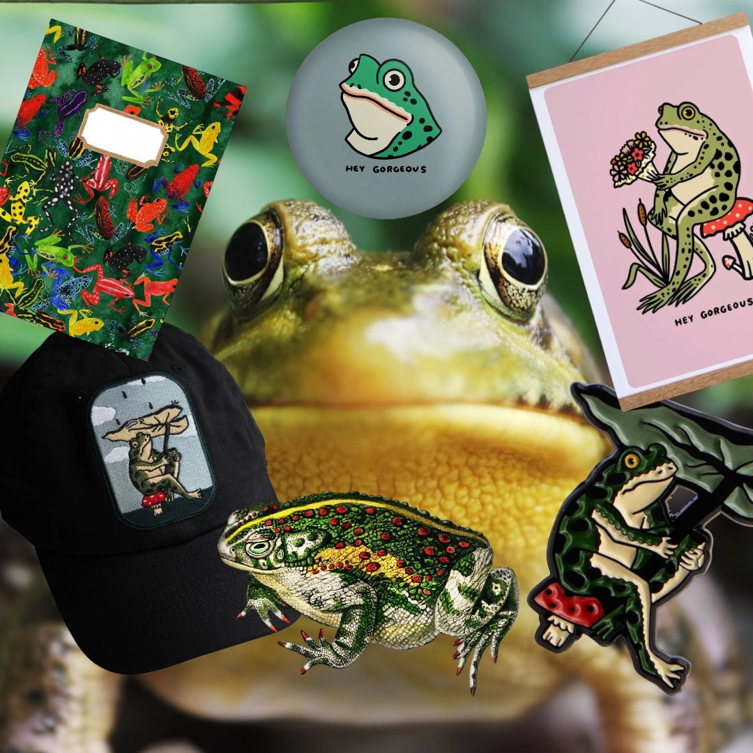 Colorful frog pattern notebook with white label on cover, brown Bison Bindery band around center, perfect for journaling or notes.