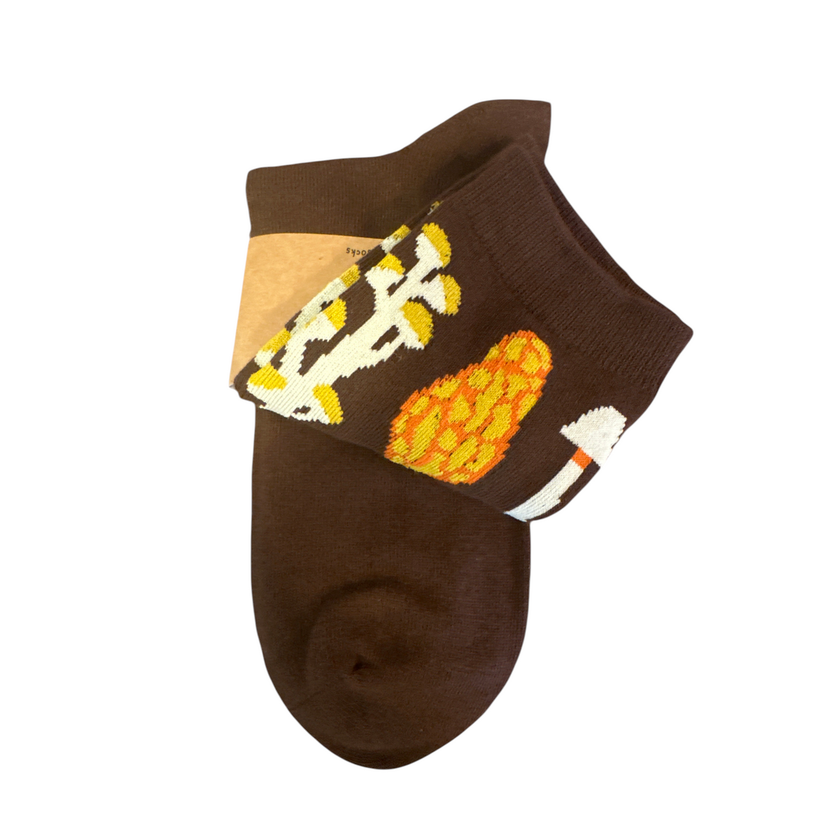 Camp Mustelid Autumnal Mushroom Brown Cotton Socks, colorful mushroom design, eco-wrapped in brown paper. Cozy fall socks gift.