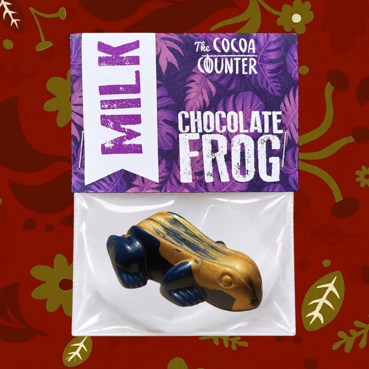 Forager Provisions LTD hand-painted yellow milk chocolate frog with red spots in retail packaging with header card