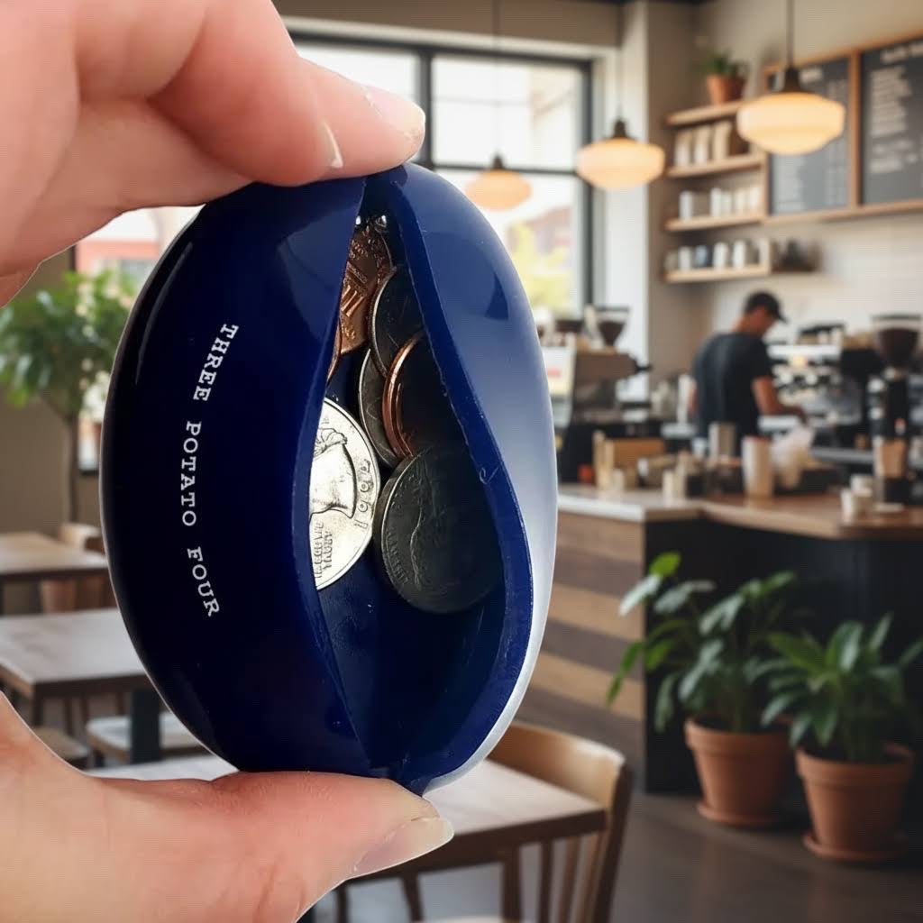 Forager Provisions LTD Three Potato Four vinyl squeeze coin pouch in dark blue, held open to reveal loose change.