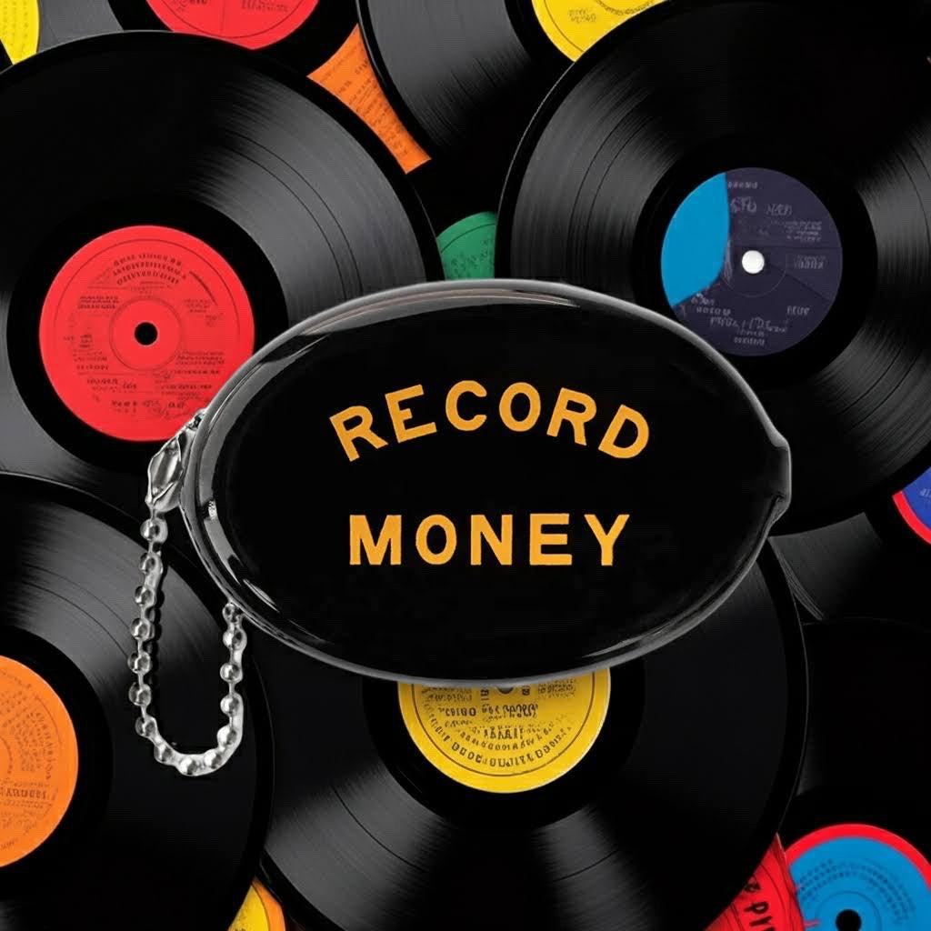 Forager Provisions LTD Three Potato Four black rubber coin pouch with Record Money text on a vinyl record background