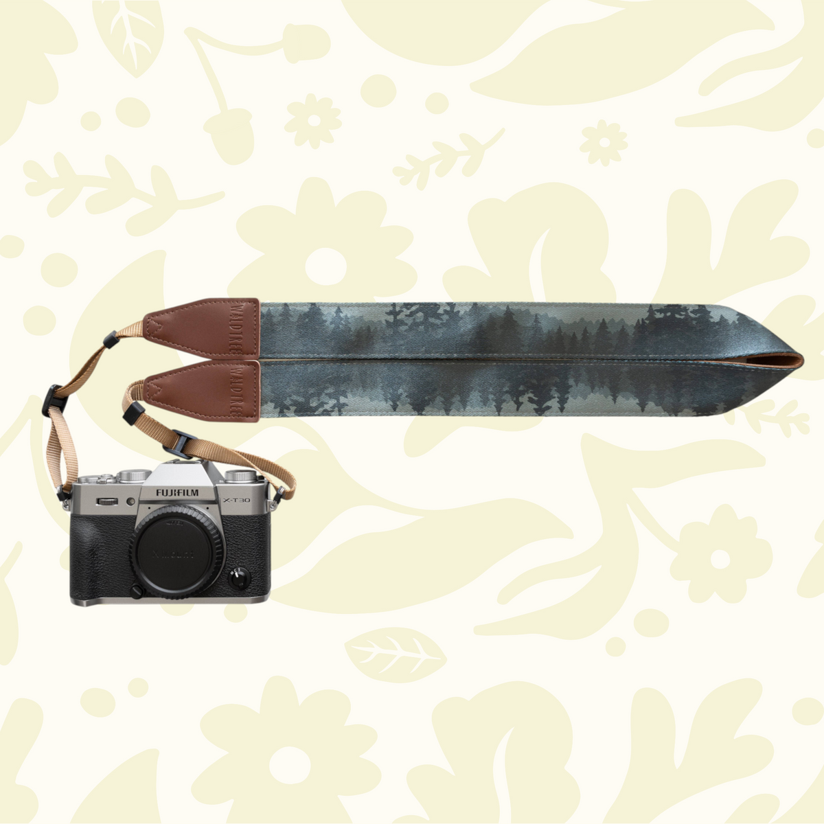 Forager Provisions LTD Wildtree Foggy Forest camera strap with mountain and evergreen print attached to a mirrorless camera